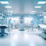 Interior of modern emergency room with empty nurses station, Generative AI